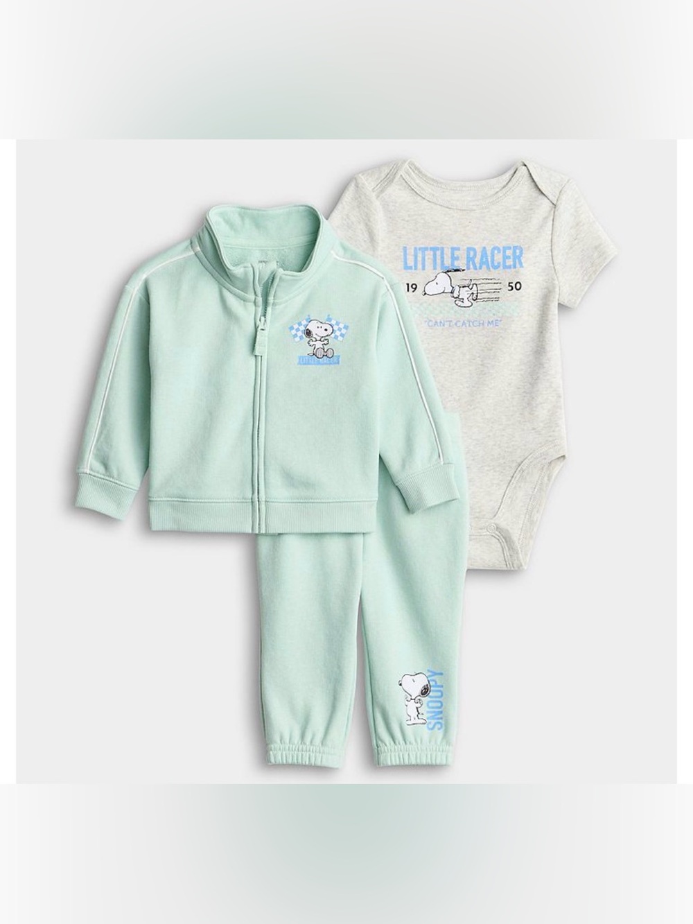 Baby 3-Piece Snoopy 'Little Racer' Set - Mint & Heather Gray -